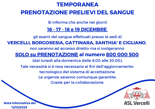 Avviso ASL VC Prenotazione esami del sangue