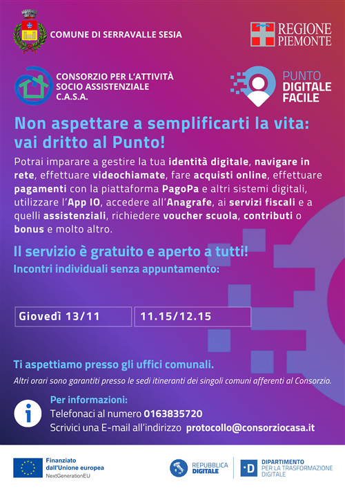 Il Comune di Serravalle Sesia e il Consorzio C.A.S.A. di Gattinara vi aspettano al Punto Digitale Facile