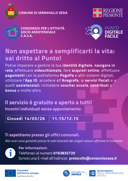 Il Comune di Serravalle Sesia e il Consorzio C.A.S.A. di Gattinara vi aspettano al Punto Digitale Facile