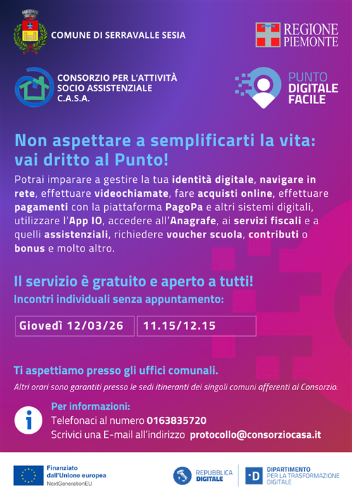 Il Comune di Serravalle Sesia e il Consorzio C.A.S.A. di Gattinara vi aspettano al Punto Digitale Facile