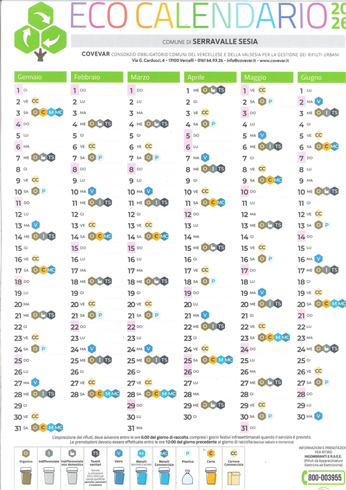Nuovo Calendario raccolta differenziata rifiuti anno 2026.